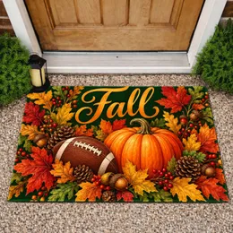 Autumn Pumpkin, Football and Maple Leaves for Cozy Thanksgiving Farmhouse Entryway Style Doormat