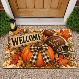 Autumn Football Pumpkin Welcome Scene for Harvest Season Home Entry and Sports Fans Doormat
