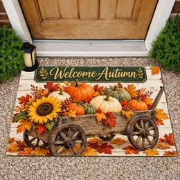 Autumn Pumpkin Wagon Sunflower and Maple Leaves for Thanksgiving Harvest Home Decor Doormat