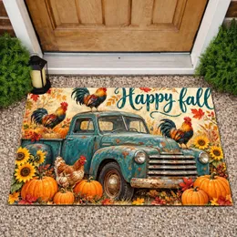 Teal Vintage Pickup Truck with Roosters and Pumpkins for Cozy Autumn Farmhouse Decor Doormat