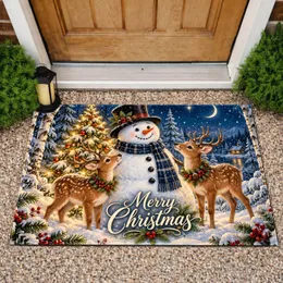 Snowman Reindeer Birch Forest Christmas Scene for Cozy Winter Holiday Homes Doormat