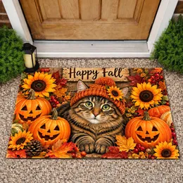 Tabby Cat in Knit Hat with Pumpkins for Cozy Autumn Entryway and Thanksgiving Decor Doormat