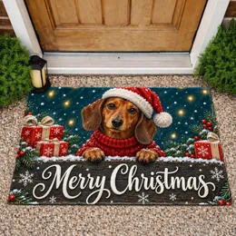 Dachshund Santa Hat Christmas Scene for Cozy Holiday Home Cheer and Seasonal Decorating Doormat