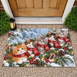 Five Red-Scarf Kittens With Cedar Boughs For A Cozy Christmas Home Doormat