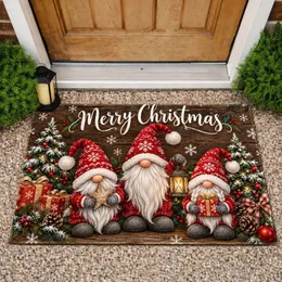Three Christmas Gnomes and Evergreen Trees for Cozy Holiday Homecoming Cheer Doormat