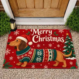 Christmas Dachshund in Santa Hat and Sweater for Festive Holiday Home Decor Doormat