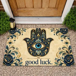 Golden Blue Hamsa Hand with Evil Eye for Bohemian Good Fortune and Housewarming Gifts Doormat