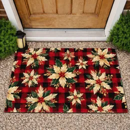 Red Black Buffalo Plaid Poinsettia Holiday Style for Cozy Christmas Kitchen Homes Doormat