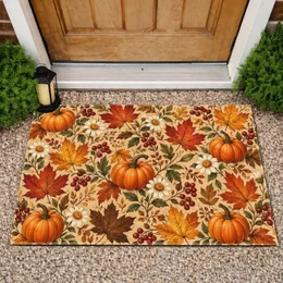 Autumn Maple Leaves, Pumpkins, Daisies & Berries for Cozy Farmhouse Seasonal Home Style Doormat