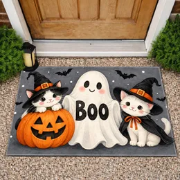 Cute Witch Cats, Friendly Ghost And Jack-O'-Lantern Halloween Decor For Cat Lovers Doormat