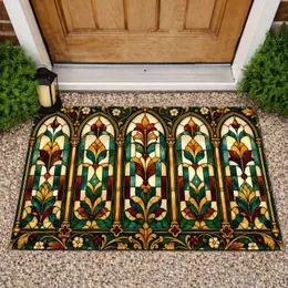 Vintage Stained Glass Arched Window Panel For Cozy European Autumn Home Decor Accents Doormat