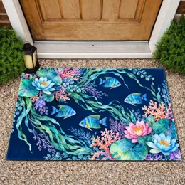 Deep Blue Coral and Lily Pond Fish for Coastal Home Living Doormat