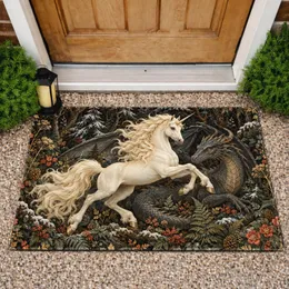 Enchanted Unicorn in a Moonlit Forest for Cozy Winter Homes and Fantasy Lovers Doormat