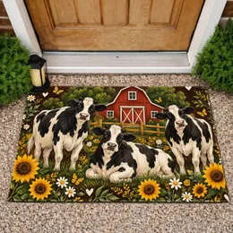 Holstein Cows Red Barn Sunflowers for Cozy Rustic Farmhouse Living Doormat