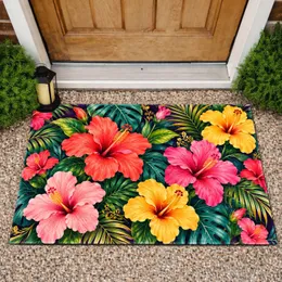 Tropical Hibiscus And Palm Leaves For A Colorful Island-Inspired Home Doormat