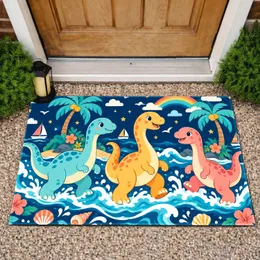 Three Dinosaur Ocean Adventure with Rainbows and Sailboats for Cheerful Coastal Homes Doormat