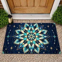 Blue Stained Glass Mandala for Celestial Holiday Entryway and Winter Home Decor Doormat