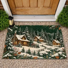 Dark Green Snowy Forest Cabins for Cozy Winter Cabin Living and Rustic Lodge Style Doormat