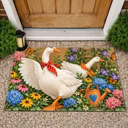 Whimsical Goose and Butterfly Garden for Cheerful Cottage Kitchen and Hallway Decor Doormat