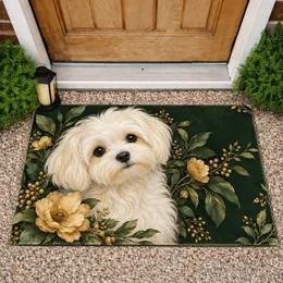 White Maltese Puppy with Golden Botanicals for Cozy Cottage Entryway Decor for Pet Lovers Doormat