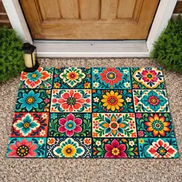 Colorful Floral Mandala Tile Patchwork for Cheerful Bohemian Entryways and Home Decor Doormat