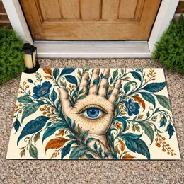 Surreal Blue Eye Held in Ornate Hand with Botanical Vines for Mystical Home Decor Doormat