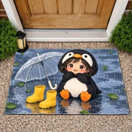 Cute Penguin Costume Girl, Rain Boots and Umbrella for a Cheerful Rainy Day Entryway Doormat