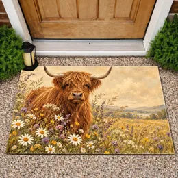 Highland Cow Wildflowers for Cozy Autumn Farmhouse Country Home Entryway Decor Style Doormat