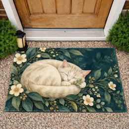 Sleeping Cream Cat Among Teal Botanicals for Cozy Cat Lover Home Decor and Calm Spaces Doormat