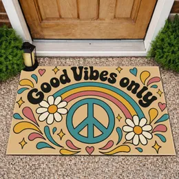 Rainbow Peace Sign and Daisies for Cheerful Boho Everyday Home Entryway Welcome Doormat