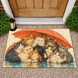Rainy Day Cat Family Under Coral Umbrella for Cozy Indoor Living and Cat Lovers Gift Doormat