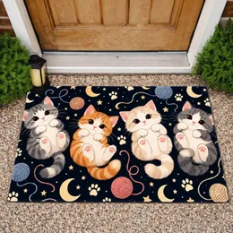 Playful Cute Kitten Cats With Starry Paws, Moons And Yarn For Cozy Holiday Home Decor Doormat