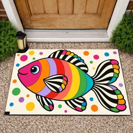 Rainbow Fish with Checker Border for Cheerful Coastal Home Decor and Everyday Living Rooms Doormat