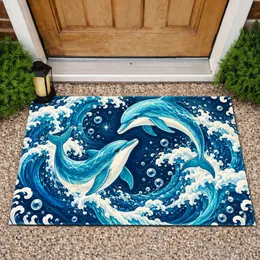 Dolphin Pair and Ocean Waves for Coastal Holiday Home Décor and Marine Life Lovers Doormat