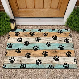 Retro Puppy Paw Prints on Blue Wood for Cozy Pet Lover Homes and Farmhouse Spaces Doormat