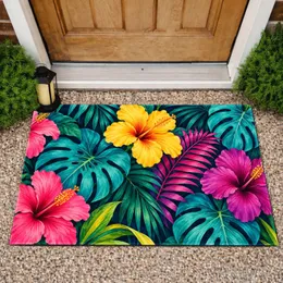 Tropical Hibiscus And Bold Palm Leaves For Colorful Patio And Garden Living Doormat