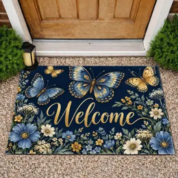 Blue and Gold Butterflies with Wildflowers for Welcoming Spring Homes and Garden Lovers Doormat