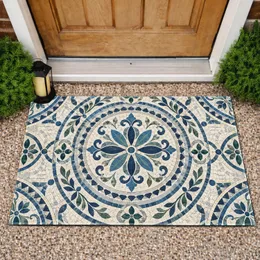 Blue Mosaic Courtyard Medallion for Mediterranean Home Entry and Garden Style Lovers Doormat