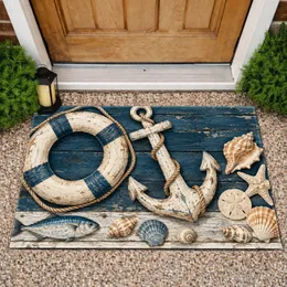 Nautical Blue Whitewashed Planks, Shells and Anchor for Relaxed Coastal Home Living Doormat
