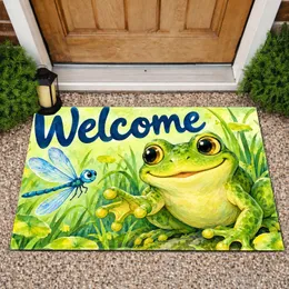 Green Frog and Blue Dragonfly Welcome Scene for Cheerful Nature-Loving Home Decor Doormat