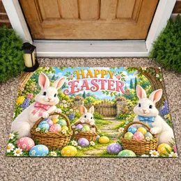 Easter Bunny Trio With Colorful Eggs for Joyful Springtime Holiday Celebrations Doormat