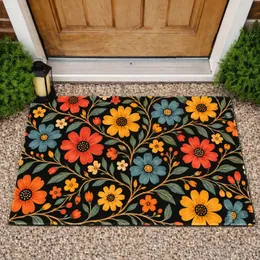 Multicolor Folk Flowers and Branches for a Cheerful Botanical Cottage Home Entryway Doormat