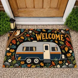 Retro Camper and Autumn Forest Welcome for Cozy Camping Enthusiasts and Nature Lovers Doormat