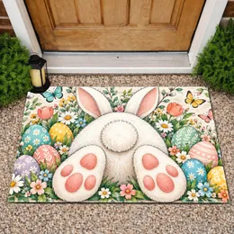 Playful White Bunny with Colorful Easter Eggs for Cheerful Springtime Home Decorating Doormat
