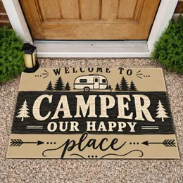 Camper Our Happy Place Rustic Typography for Cozy RV Living and Camping Enthusiasts Doormat