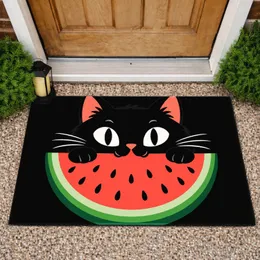 Black Cat And Watermelon Slice For Playful Summer Entryway Decor For Cat Lovers Home Doormat