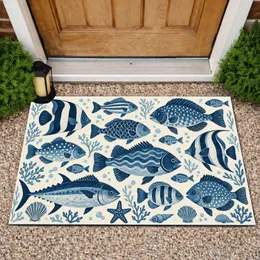 Navy Blue Ocean School of Fish for Coastal Home Decor, Beach Houses and Seaside Living Doormat