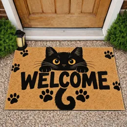 Black Cat Welcome Paw Prints for a Cozy Cat Lover Home Entrance and Pet-Friendly Living Doormat