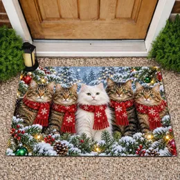 Five Christmas Cats in Red Scarves for Cozy Festive Holiday Home Decorating Season Doormat