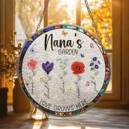 Personalized Nana's Garden Birth Flower Suncatcher – Custom 1-6 Grandkids Names Stained Glass, Christmas Gift for Nana